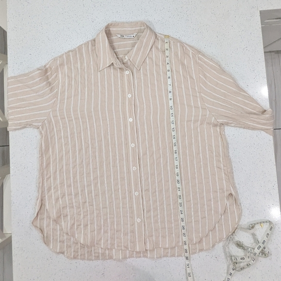Zara Woman Beige White Striped Button Down Shirt Long Sleeve Wrinkled Look XL - Picture 4 of 9